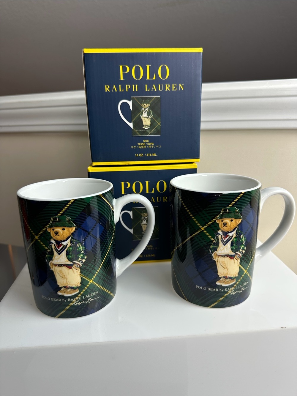Ralph Lauren Highmoore Plaid Polo Bear Porcelain Coffee Mugs 14oz. NIB Set Of 2